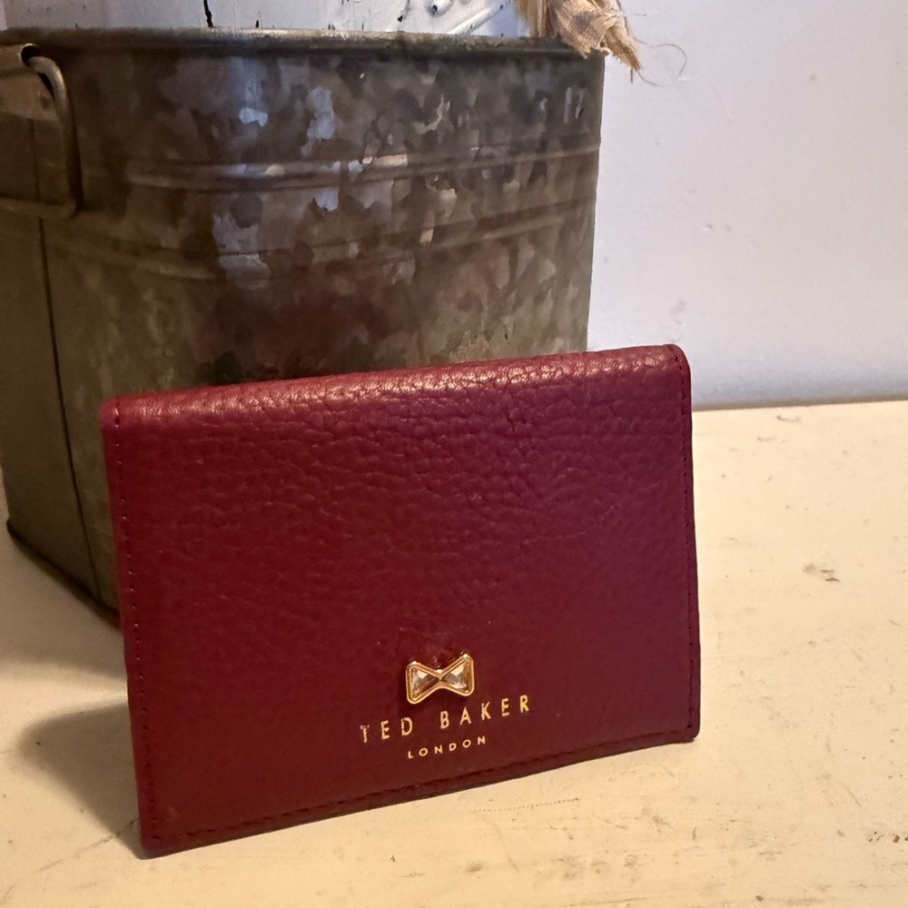 TED BAKER LONDON Textured Leather Bow Fold-Over Flap Card Wallet Maroon NWT